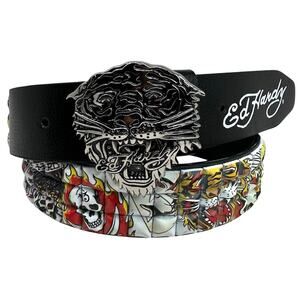 Ed Hardy Men's Metal Tiger Buckle Belt With Pyramid Studs
